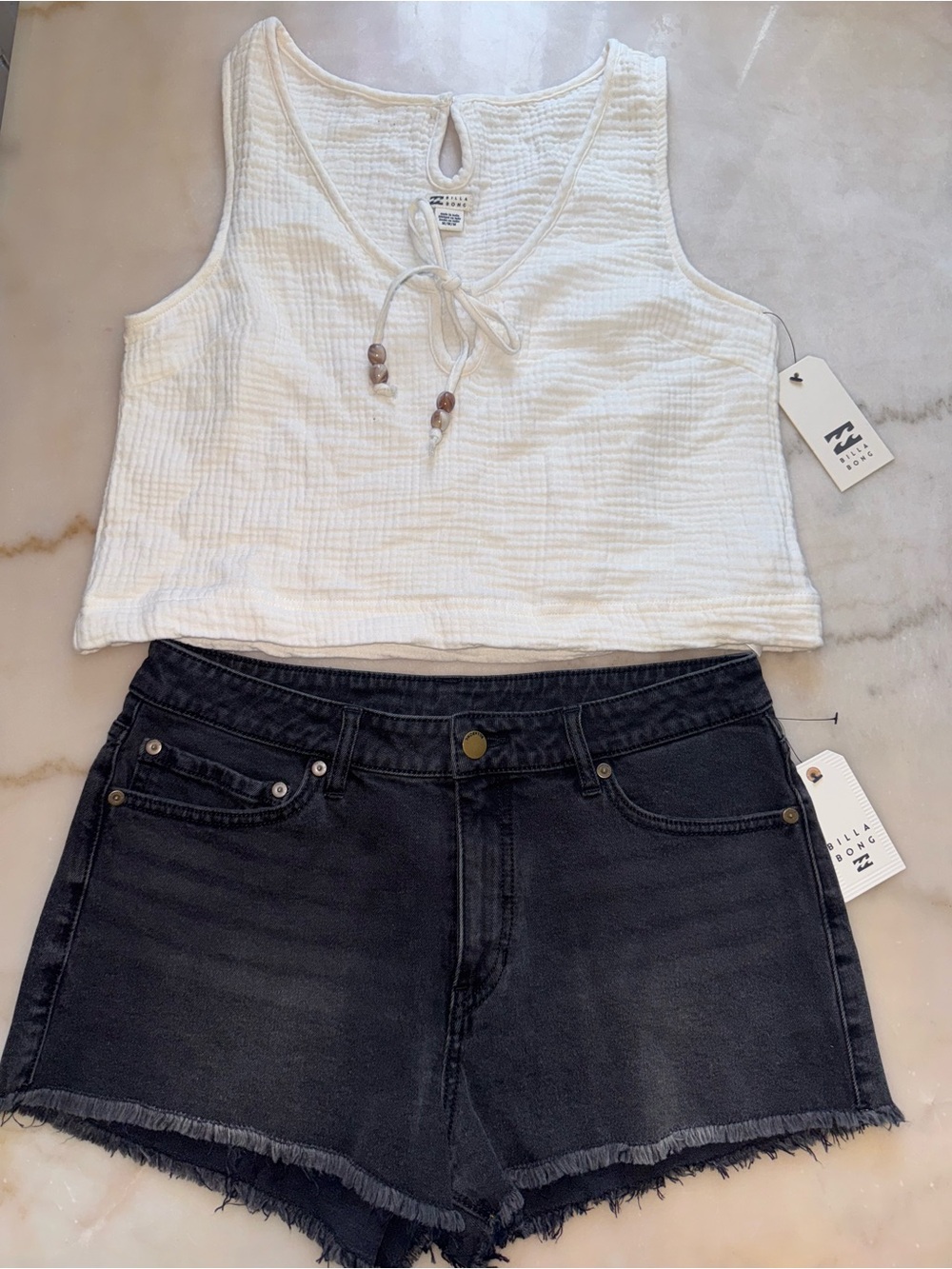 Billabong White Textured Tie-Front Shirt & Black Denim Shorts Set